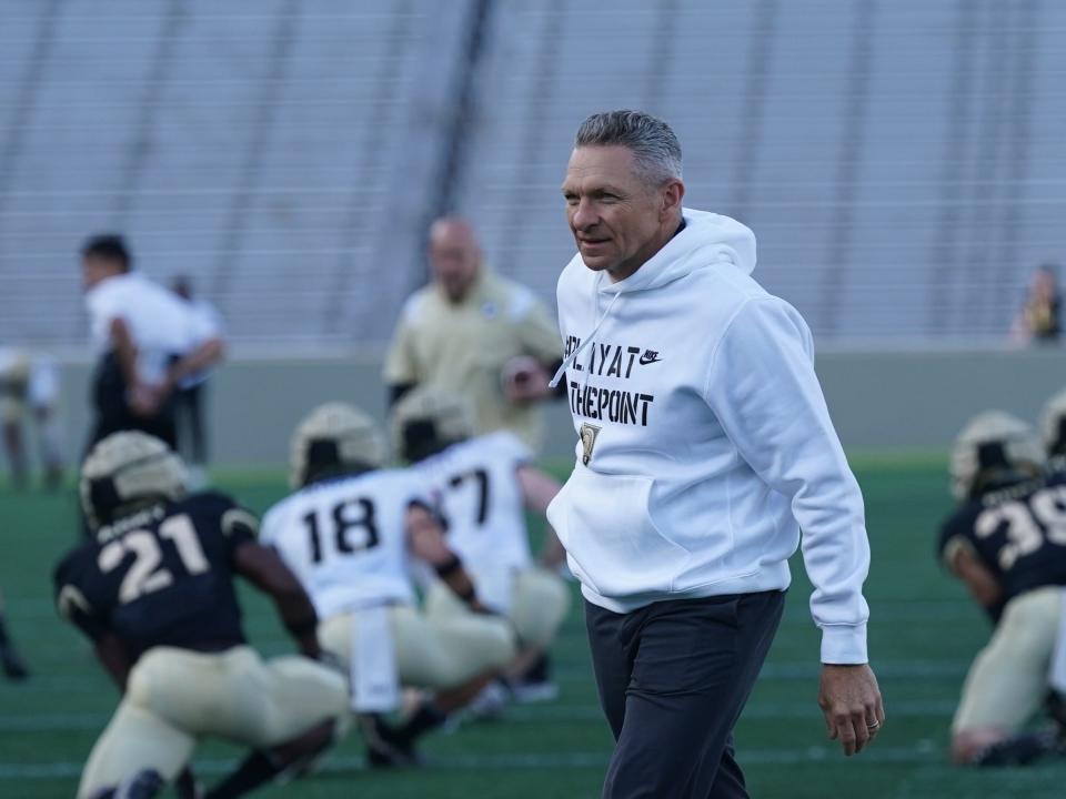 Army West Point football head coach Jeff Monken on the field prior to a spring scrimmage at Michie Stadium on the campus of the USMA at West Point  in West Point on Friday, April 21, 2023. 