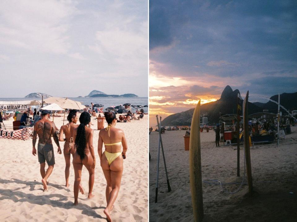 A group of friends walking on a beach (L) view of Ipanema Beach in Rio de Janeiro (R)