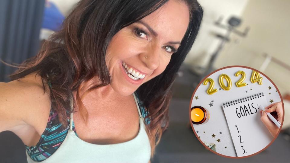 Compilation image of Nicole Pedersen-McKinnon headshot in a gym and a insert of 2024 money goals spreadsheet