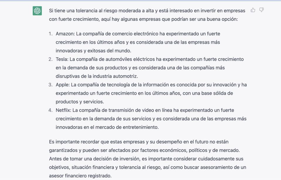 Respuesta de ChatGPT a la pregunta: ¿en qué empresas podría invertir en estos momentos buscando el fuerte crecimiento?