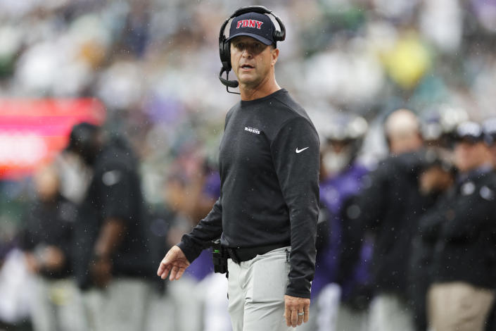 Baltimore Ravens head coach John Harbaugh reacts during the first half of an NFL football game against the New York Jets, Sunday, Sept. 11, 2022, in East Rutherford, N.J. (AP Photo/Adam Hunger)