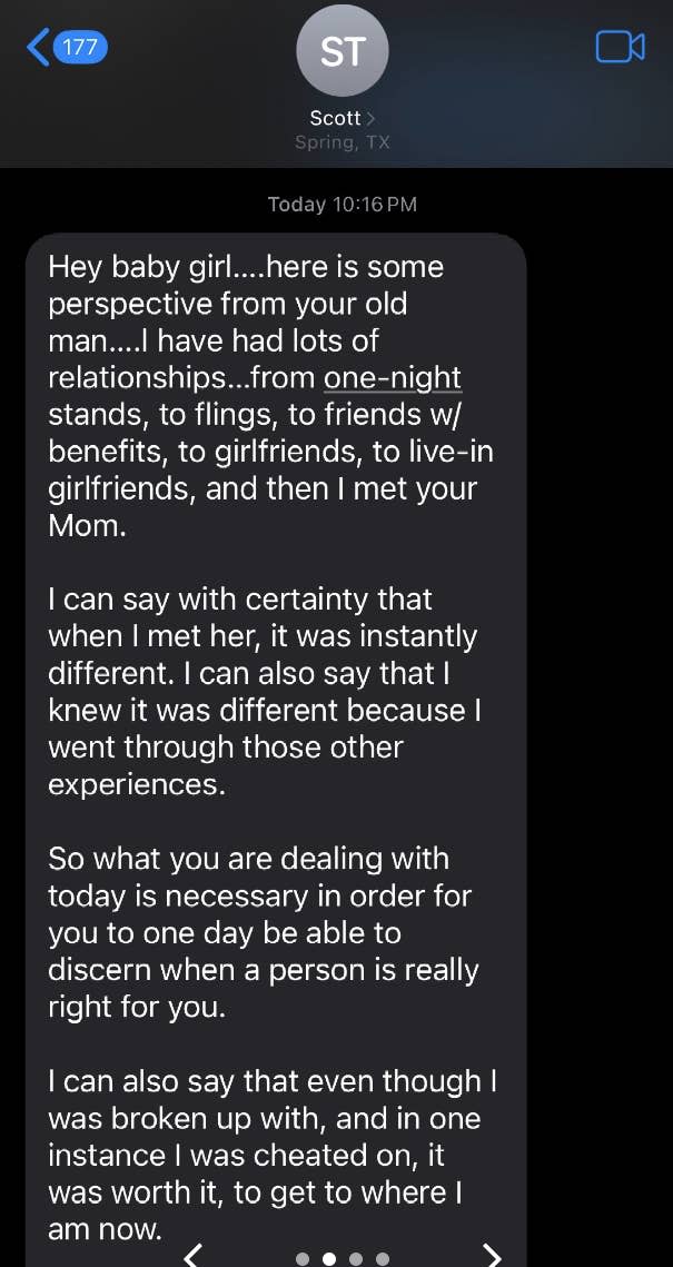 Text message screenshot: A father advises his daughter about relationships, mentions past experiences, and emphasizes learning from them