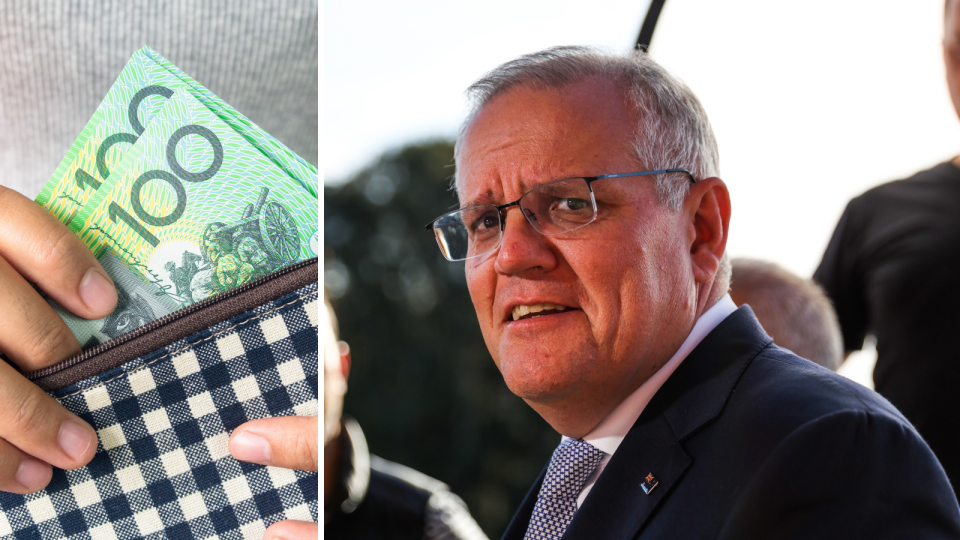 Scott Morrison looking concerned and Australian $100 notes being removed from a wallet signifying money people could lose from their super.