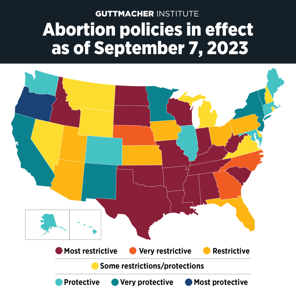 Abortion access by state as of Sept. 7, 2023, before the Florida State Supreme Court hears abortion-ban case starting Friday Sept. 8, 2023.