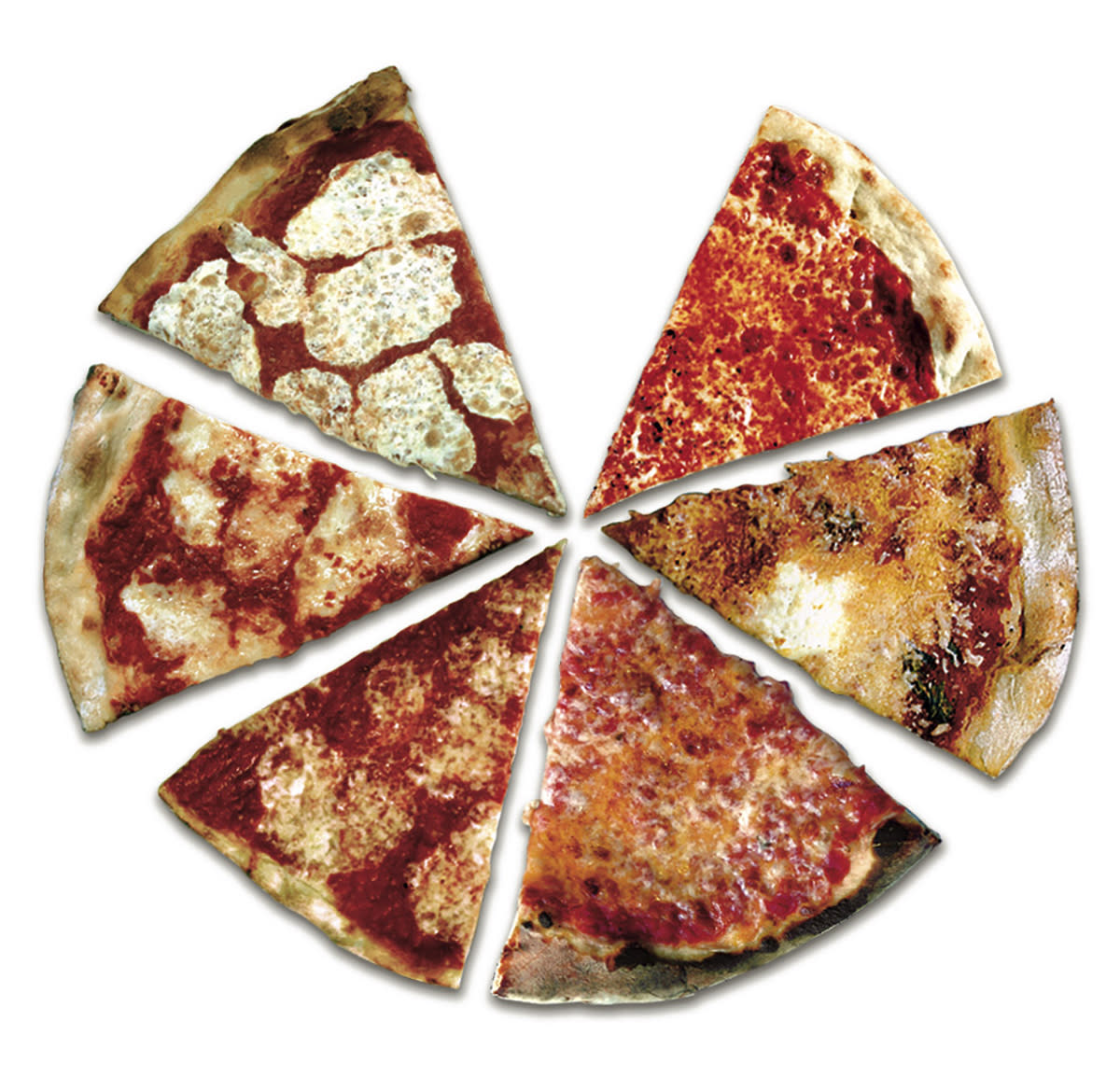 Una selección de rebanadas de pizzas de restaurantes del área de Nueva York, el 6 de noviembre de 2002. (Tony Cenicola / The New York Times)