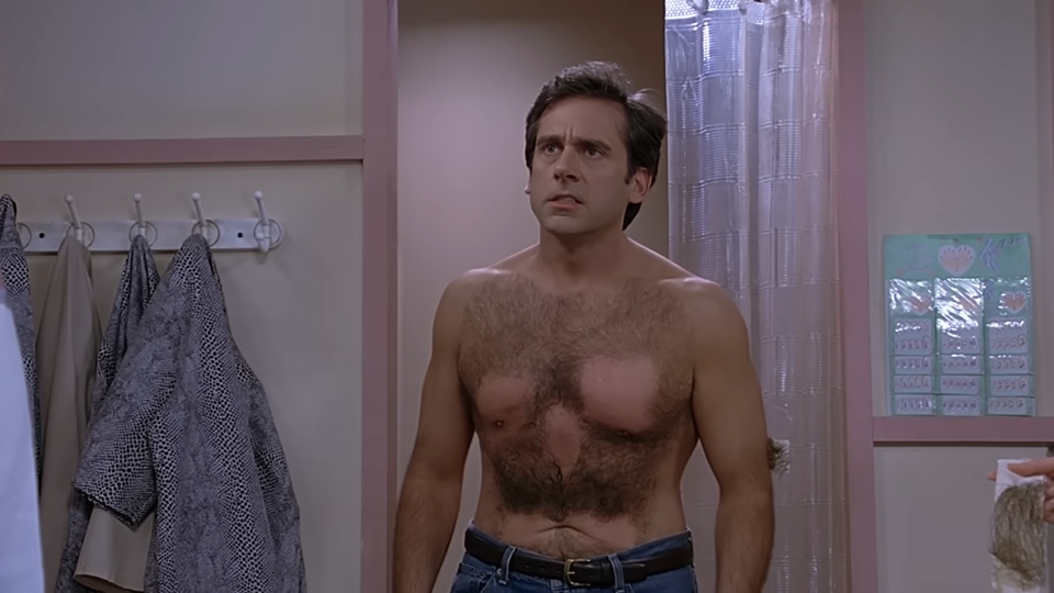 Steve Carell as Andy in "The 40-Year-Old Virgin" is in the middle of getting his chest waxed