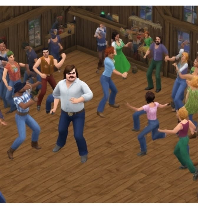 Animated characters from a video game dancing in a lively rustic setting