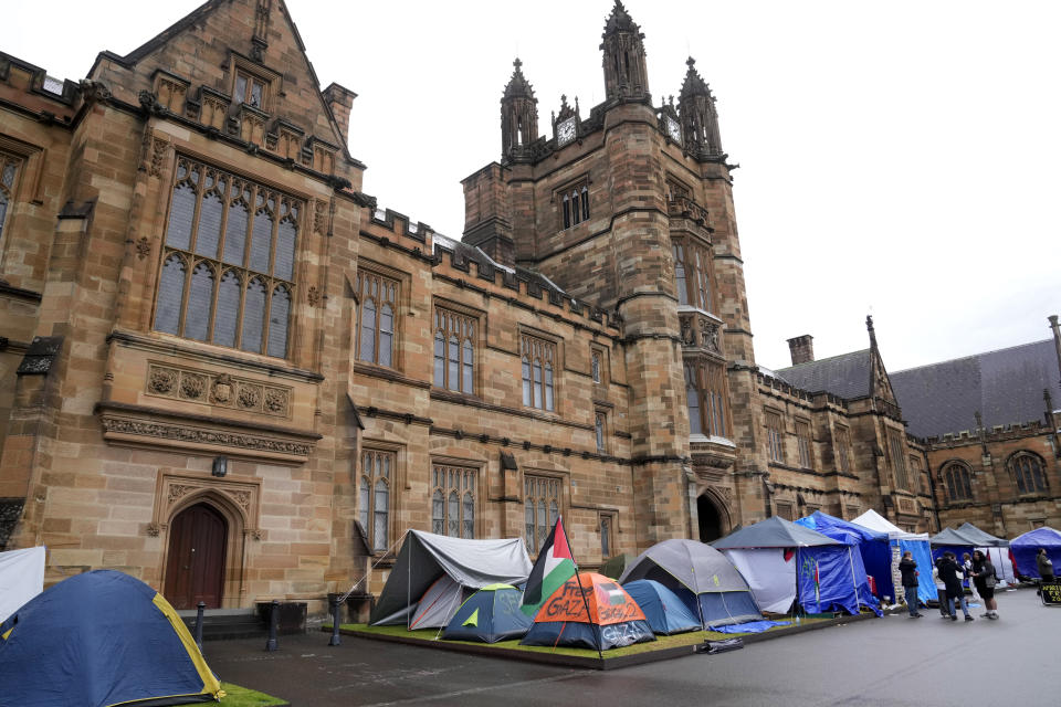 Protesting students occupy an area of the quadrangle at the University of Sydney in Sydney, Friday, May 3, 2024. Encampments have sprung up at colleges in major Australian cities as participants protest over the Israel-Hamas war in solidarity with student demonstrators in the United States. (AP Photo/Rick Rycroft)