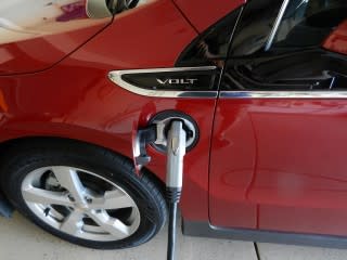 2011 Chevrolet Volt plugged into Coulomb Technologies 240V wall charging unit