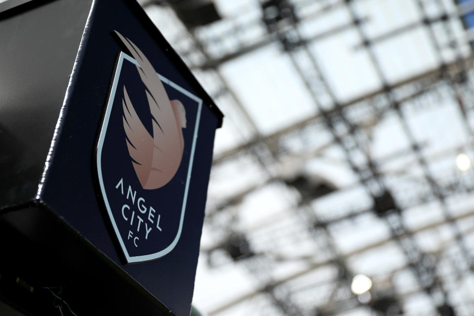 LOS ANGELES, CALIFORNIA - MAY 08: A general view of the Angel City FC logo prior to the match between Angel City FC and the the Orlando Pride at Banc of California Stadium on May 08, 2022 in Los Angeles, California. (Photo by Katelyn Mulcahy/Getty Images)