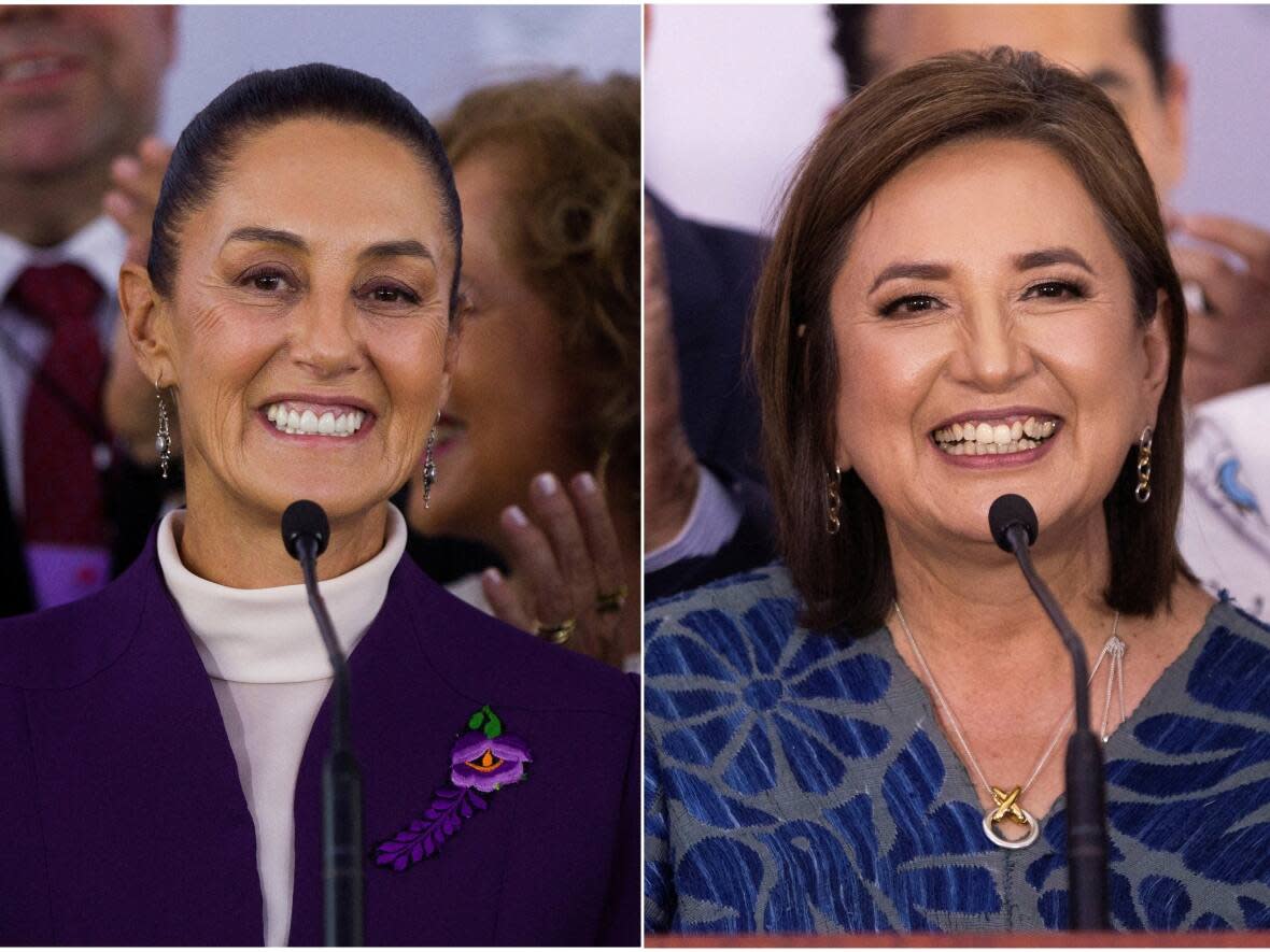 Leading Mexican presidential candidates Claudia Sheinbaum, left, and Xóchitl Gálvez are shown in this composite image at the last presidential debate, in Mexico City on May 19. Some women in Mexico doubt that this historic moment will represent a breakthrough for their rights. (Quetzalli Nicte-Ha/Reuters - image credit)