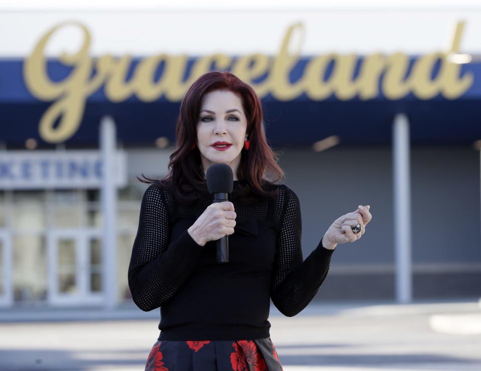 Priscilla Presley speaks during the grand opening of the "Elvis Presley's Memphis" complex in Memphis, Tenn. She'll be appearing at Oscar's Palm Springs on Nov. 11.