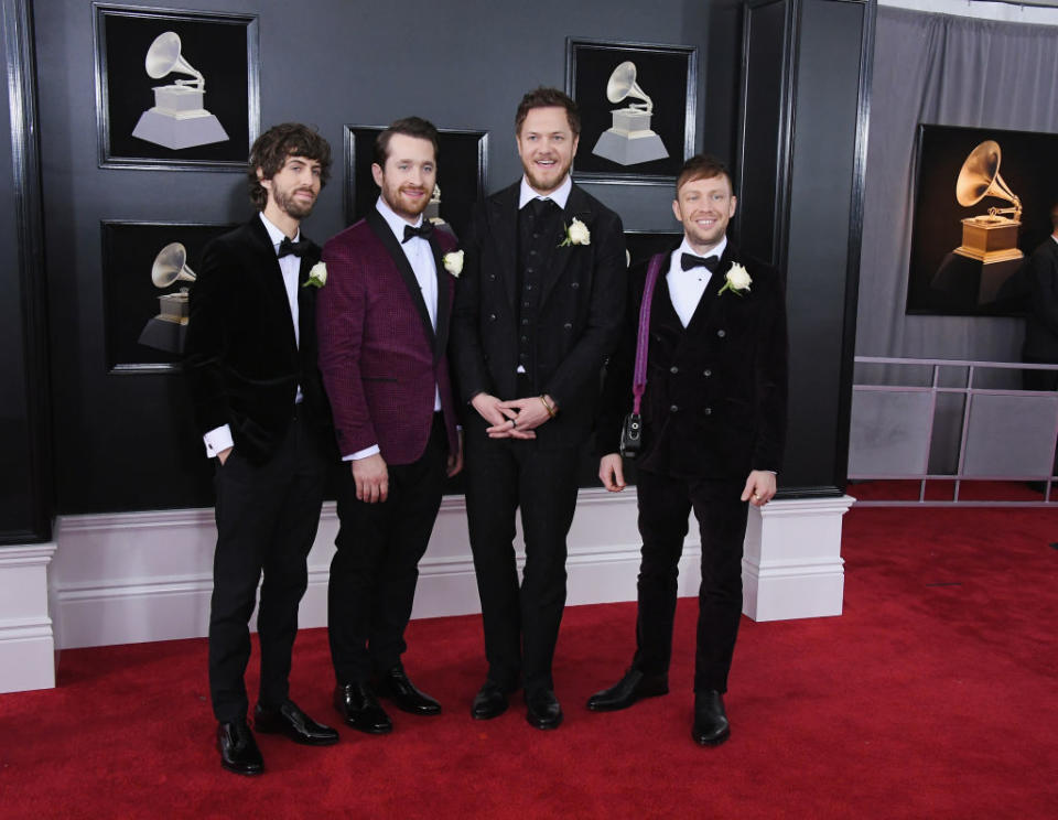 <p>Wayne Sermon, Daniel Platzman, Dan Reynolds, and Ben McKee of the music group Imagine Dragons attend the 60th Annual Grammy Awards at Madison Square Garden in New York on Jan. 28, 2018. (Photo: John Shearer/Getty Images) </p>