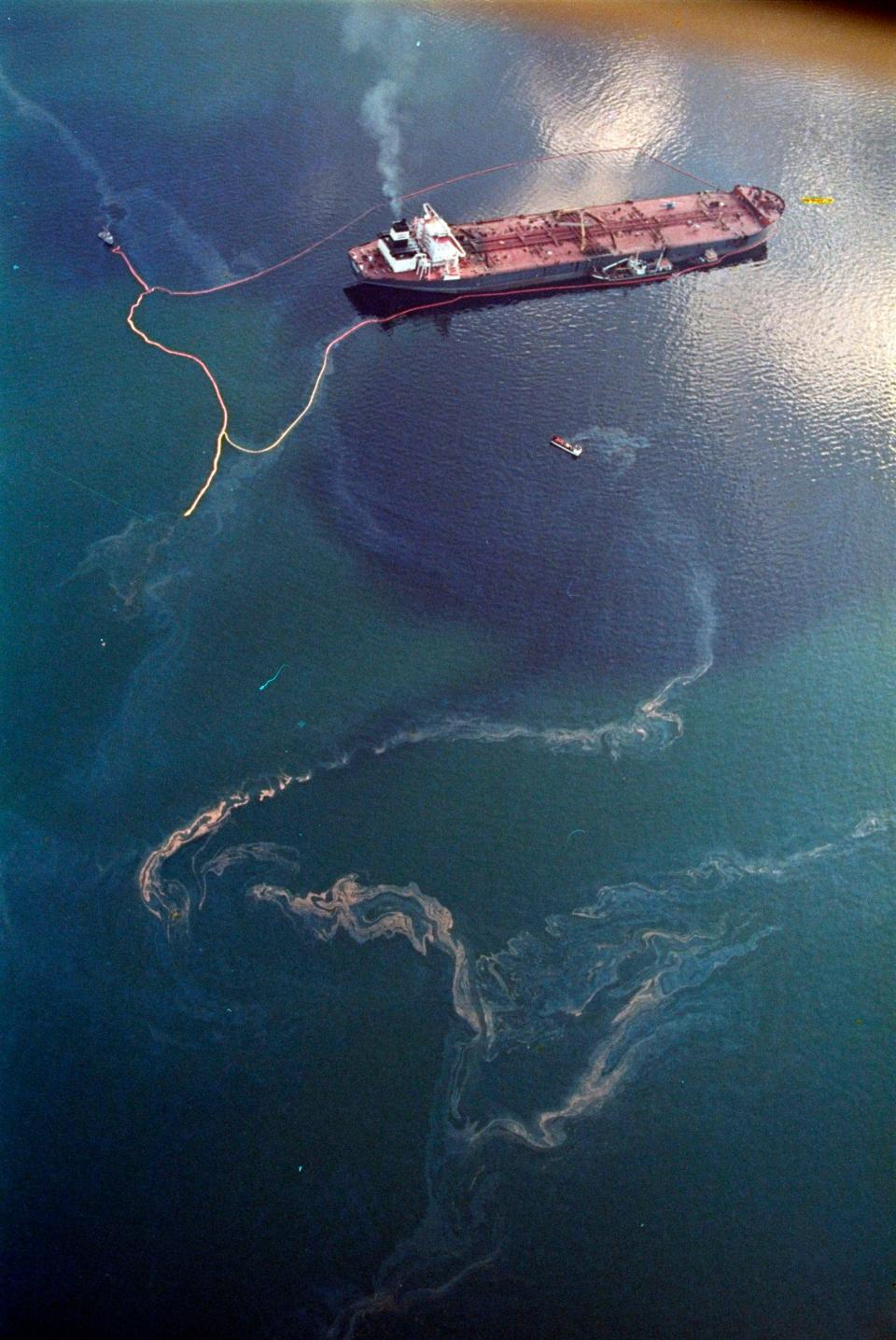 Crude oil from the tanker Exxon Valdez swirls on the surface of Alaska's Prince William Sound near Naked Island in 1989.