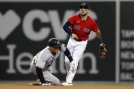 New York Yankees' Aaron Judge, left, is forced out at second base as Boston Red Sox's Michael Chavis watches after turning the double play on Gary Sanchez during the sixth inning of a baseball game, Saturday, June 26, 2021, in Boston. (AP Photo/Michael Dwyer)