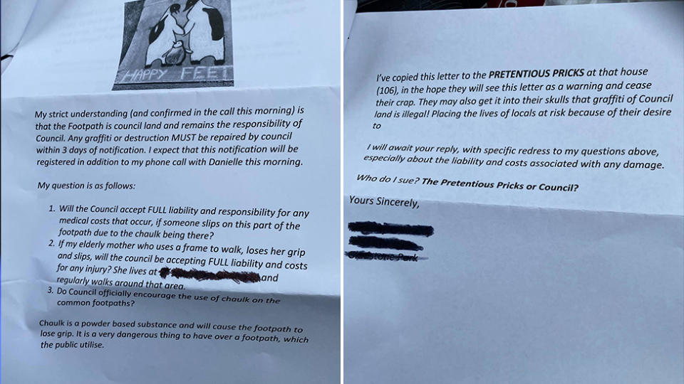 The letter to council referred to the artist, Fiona Cracknell as a "pretentious prick". Source: Facebook/Cracknell Chalk Drawings