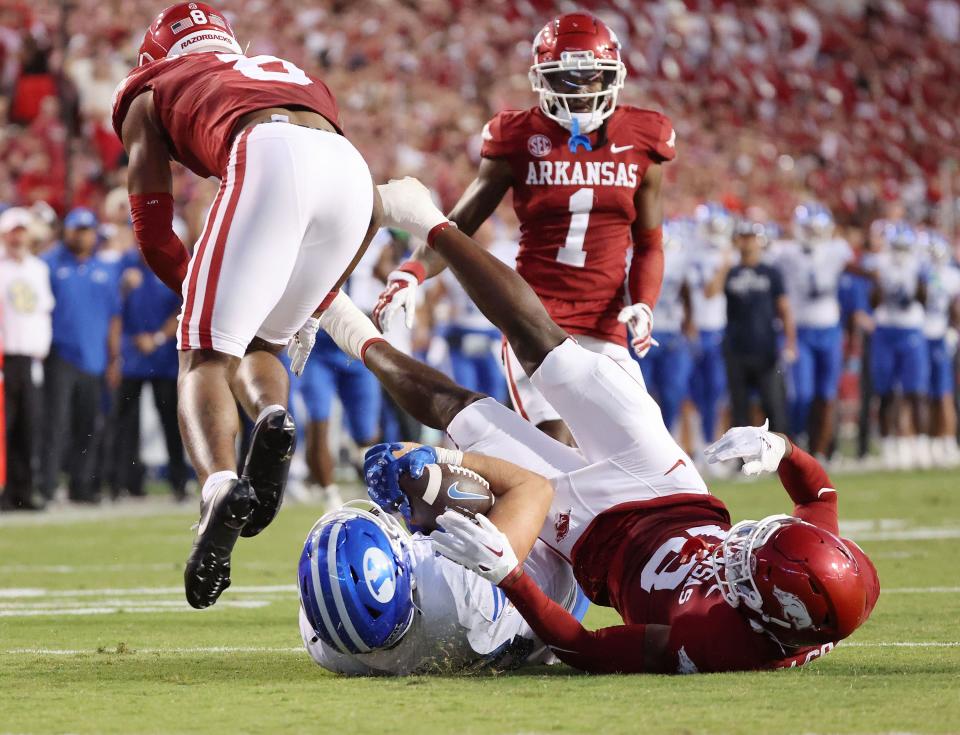 Brigham Young Cougars tight end Isaac Rex (83) makes a catch at Razorback Stadium in Fayetteville on Saturday, Sept. 16, 2023. | Jeffrey D. Allred, Deseret News