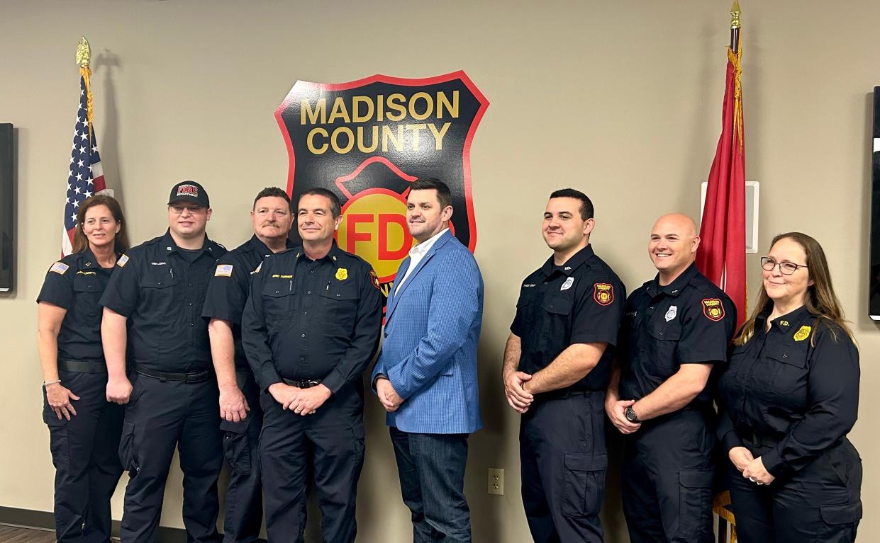 Madison County Fire Department officials stand for a picture with Madison County Mayor AJ Massey following Freedom Festival announcement on April 11, 2024 at Fire Station 17 in Jackson, Tenn.