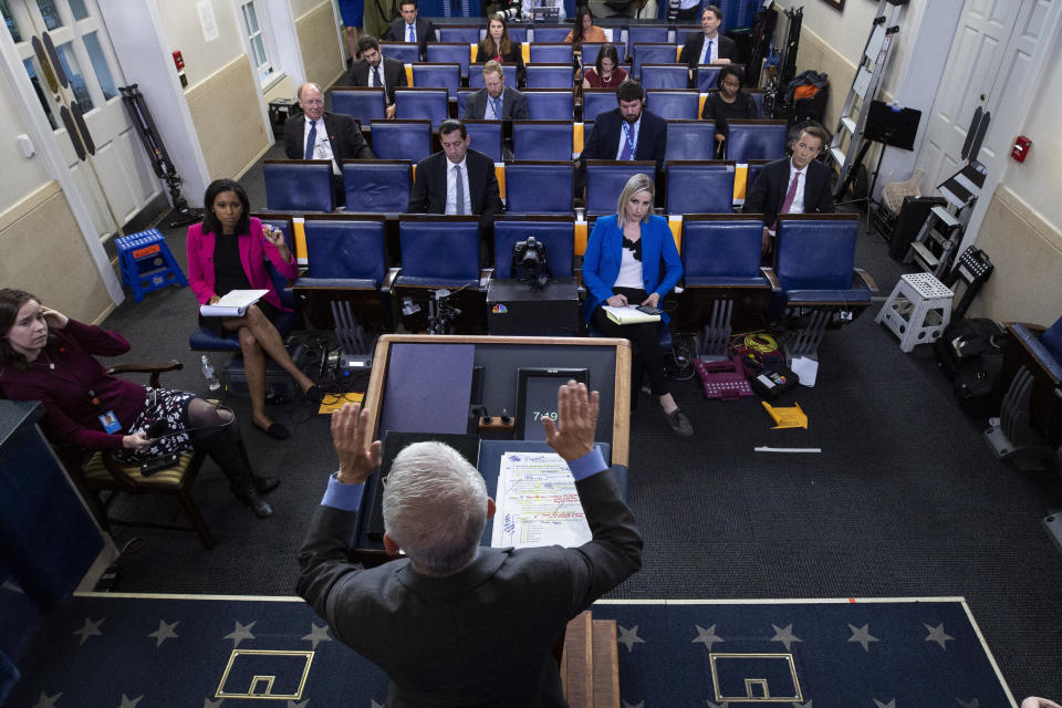 FILE - Dr. Anthony Fauci, director of the National Institute of Allergy and Infectious Diseases, speaks about the coronavirus in the James Brady Press Briefing Room of the White House, April 7, 2020, in Washington. Fauci steps down from a five-decade career in public service at the end of the month, one shaped by the HIV pandemic early on and the COVID-19 pandemic at the end. (AP Photo/Alex Brandon, File)