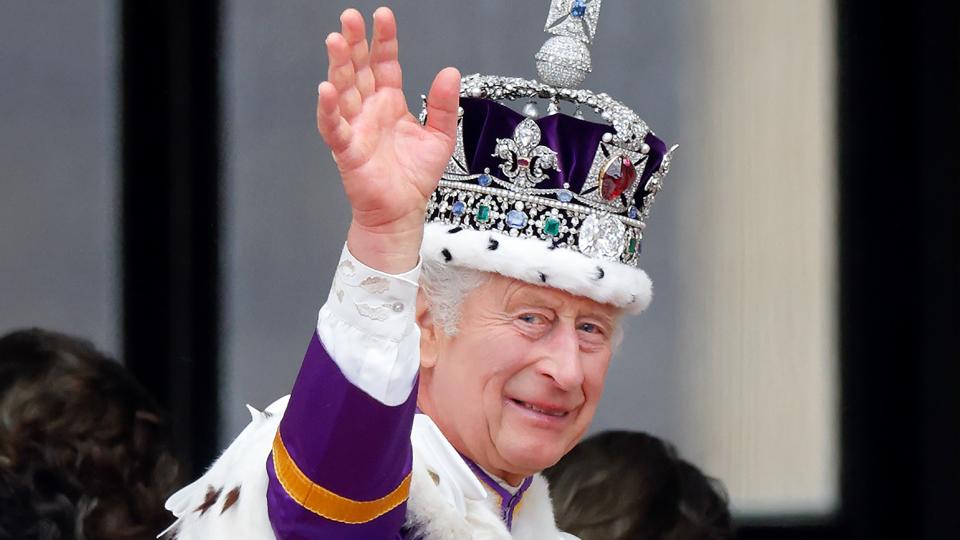 LONDON, UNITED KINGDOM - MAY 06: (EMBARGOED FOR PUBLICATION IN UK NEWSPAPERS UNTIL 24 HOURS AFTER CREATE DATE AND TIME) King Charles III watches an RAF flypast from the balcony of Buckingham Palace following his and Queen Camilla's Coronation at Westminster Abbey on May 6, 2023 in London, England. The Coronation of Charles III and his wife, Camilla, as King and Queen of the United Kingdom of Great Britain and Northern Ireland, and the other Commonwealth realms takes place at Westminster Abbey today. Charles acceded to the throne on 8 September 2022, upon the death of his mother, Elizabeth II.