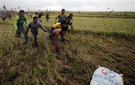 Survivors of Super Typhoon Haiyan run to get their hands onto a sack of rice dropped by a Philippine Air Force helicopter into a remote location some 25km (17 miles) west of Tacloban November 17, 2013. REUTERS/Wolfgang Rattay (