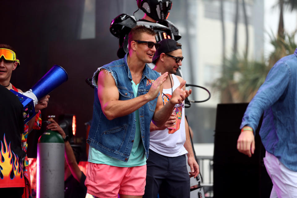 Rob Gronkowski is seen on stage during "Gronk Beach" at North Beach Bandshell & Beach Bowl on February 01, 2020 in Miami, Florida. (Photo by Joe Scarnici/Getty Images for Wrangler)