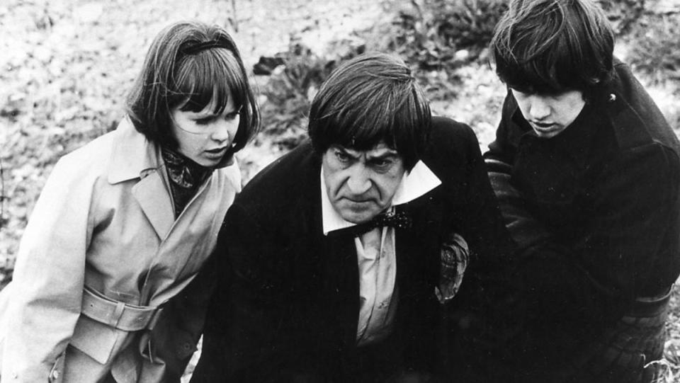 From left, Wendy Padbury's Zoe, Patrick Troughton's Second Doctor, and Frazer Hines' Jamie look concerned in the season 6 Doctor Who story "The War Games"