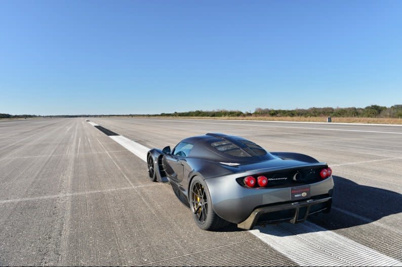 The Hennessey Venom GT on the runway formerly used for space shuttle landings at the Kennedy Space Center. 