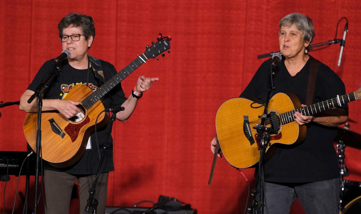 Oklahoma City duo Miss Brown to You — from left, Louise Goldberg and Mary Reynolds — performs July 15, 2021, at the Crystal Theater during the Woody Guthrie Folk Festival in Okemah.