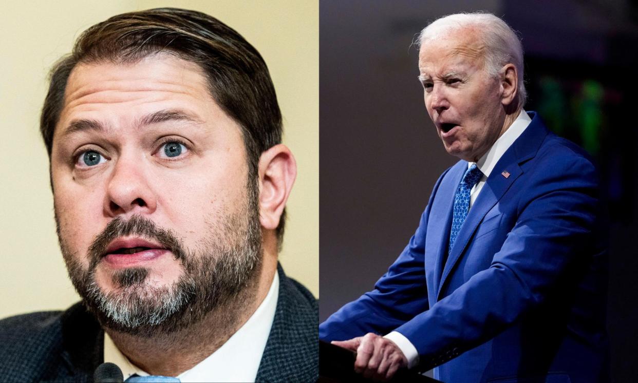 <span>Ruben Gallego’s popularity in Arizona could help lift Joe Biden’s flagging support among Latinos.</span><span>Composite: Sipa USA via Alamy, AP</span>