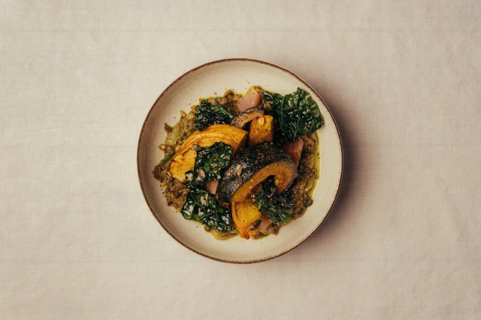 A comforting bowl of lightly spiced dhal and glistening roasted squash (Murray Orr)