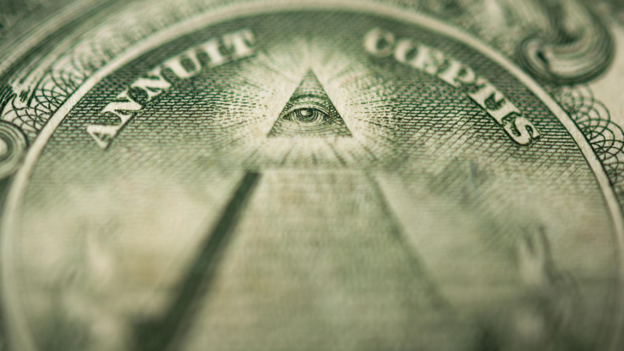 The Eye of Providence, or all-seeing eye, detail on a one-dollar bill.