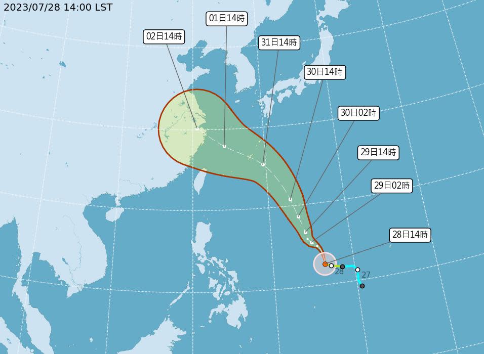 「卡努」颱風目前位於關島西方海面，下週二、三預估就會經過台灣以北。（圖／中央氣象局）