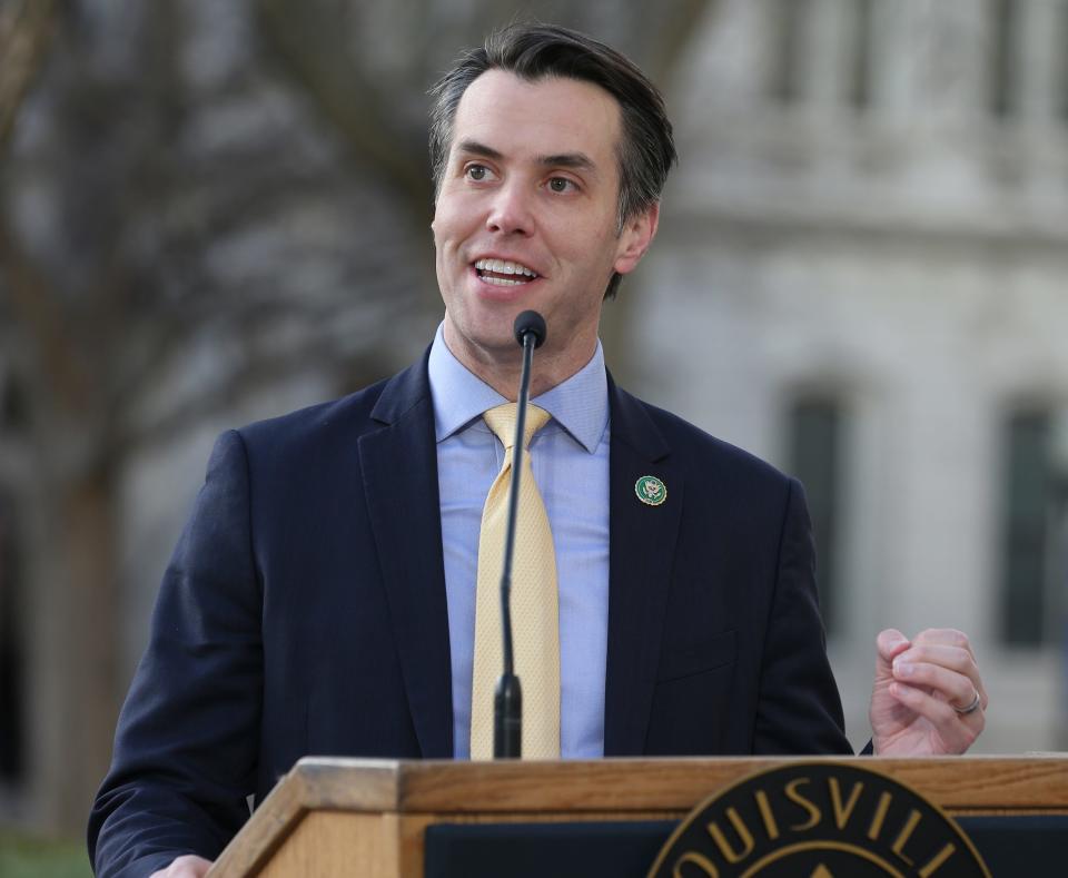 Senator Morgan McGarvey speaks during a rally to support Ukraine on front of Metro Hall on Friday, February 24, 2023.