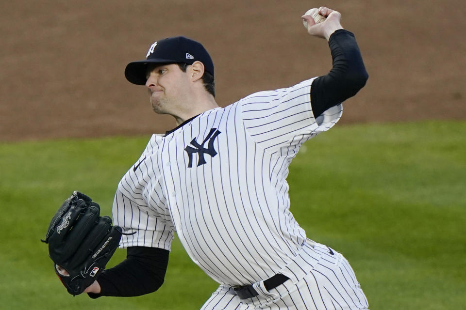 New York Yankees starting pitcher Jordan Montgomery (47) winds up during the second inning of a baseball game against the Baltimore Orioles, Monday, April 5, 2021, at Yankee Stadium in New York. (AP Photo/Kathy Willens)