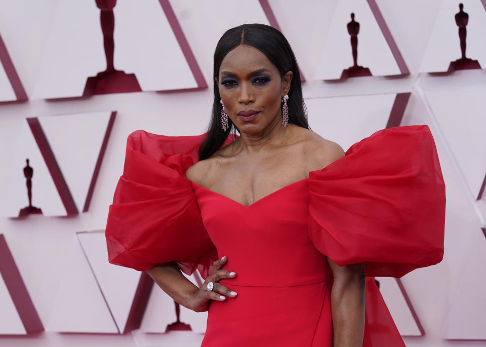 Angela Bassett arrives at the Oscars on Sunday, April 25, 2021, at Union Station in Los Angeles. (AP Photo/Chris Pizzello, Pool)