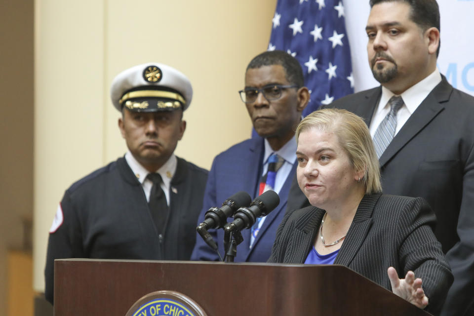 Dr. Allison Arwady, Commissioner, Chicago Department of Public Health, speaks at a news conference, Friday, Jan. 24, 2020, in Chicago. A Chicago woman has become the second U.S. patient diagnosed with the dangerous new virus from China, health officials announced Friday, Jan. 24, 2020. The patient is doing well and remains hospitalized "primarily for infection control," said Dr. Arwady said. (AP Photo/Teresa Crawford)