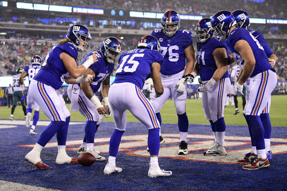 EAST RUTHERFORD, NEW JERSEY - DECEMBER 29: Golden Tate #15 of the New York Giants celebrates with his teammates after scoring a touchdown against the Philadelphia Eagles during the third quarter in the game at MetLife Stadium on December 29, 2019 in East Rutherford, New Jersey. (Photo by Steven Ryan/Getty Images)