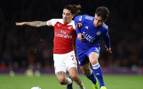 Hector Bellerin of Arsenal battles for possession with Ben Chilwell of Leicester City during the Premier League match between Arsenal FC and Leicester - Credit: GETTY IMAGES
