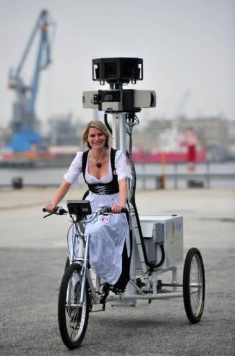 Bianca Keybach poses at Hamburg harbour on a trike equipped with Google Street View cameras in November last year. Google launched its "Street View" project in India on Thursday aiming to collect panoramic images of the vast country ranging from its palaces to its slums