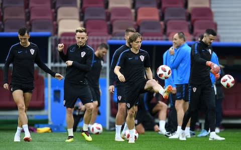 Croatia's midfielder Luka Modric (C) and teammates attend a training session at the Luzhniki Stadium in Moscow on July 10, 2018, on the eve of the Russia 2018 World Cup semi-final football match between Croatia and England - Credit: Getty images