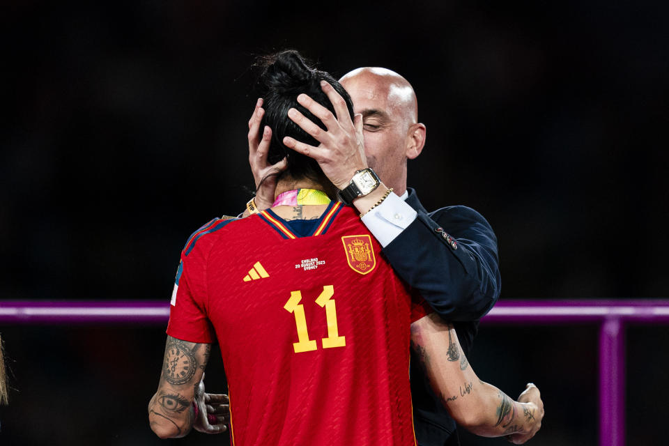 President of the Royal Spanish Football Federation Luis Rubiales (R) kisses Jennifer Hermoso of Spain (L) during the medal ceremony of FIFA Women's World Cup Australia & New Zealand 2023 Final match between Spain and England at Stadium Australia on August 20, 2023 in Sydney, Australia. / Credit: Getty Images