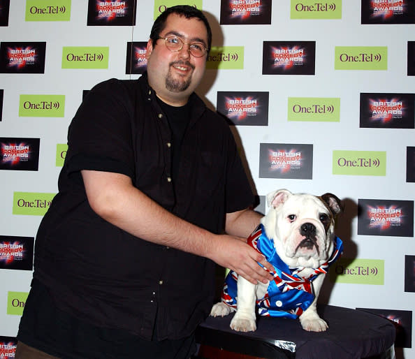 Comedian Ewen Macintosh with pedigree British bulldog Albert, at the launch party for The British Comedy Awards, at Sway in Covent Garden. (Photo by Yui Mok – PA Images/PA Images via Getty Images)