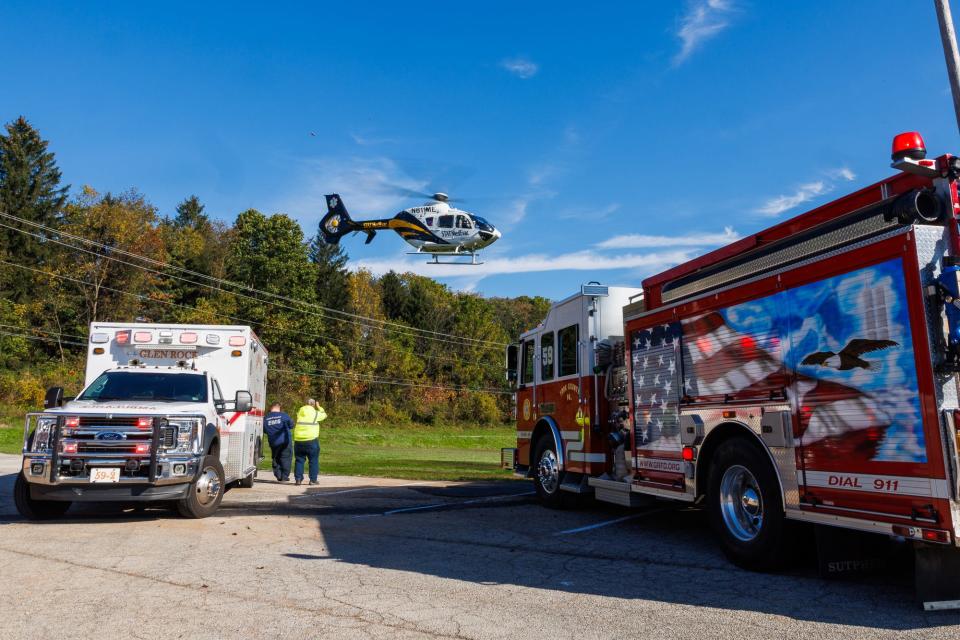 A medical helicopter takes off with a male victim that was burned by gasoline while burning tree stump on the 3700 block of Sticks Road, Thursday, Oct. 19, 2023, in Codorus Township. The man was airlifted to the Johns Hopkins Bayview burn center in Baltimore.