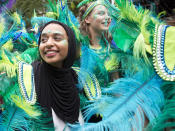 <p>Dancers perform during the Children’s Day parade at the Notting Hill Carnival in west London, Sunday, Aug. 28, 2016. (Isabel Infantes/PA via AP) </p>