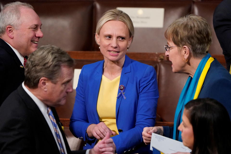 Ukrainian-born U.S. Rep. Victoria Spartz, R-Ind., speaks with her GOP colleagues before President Biden's State of the Union address in Washington, D.C., on Tuesday. (J. Scott Applewhite/Pool via Reuters)