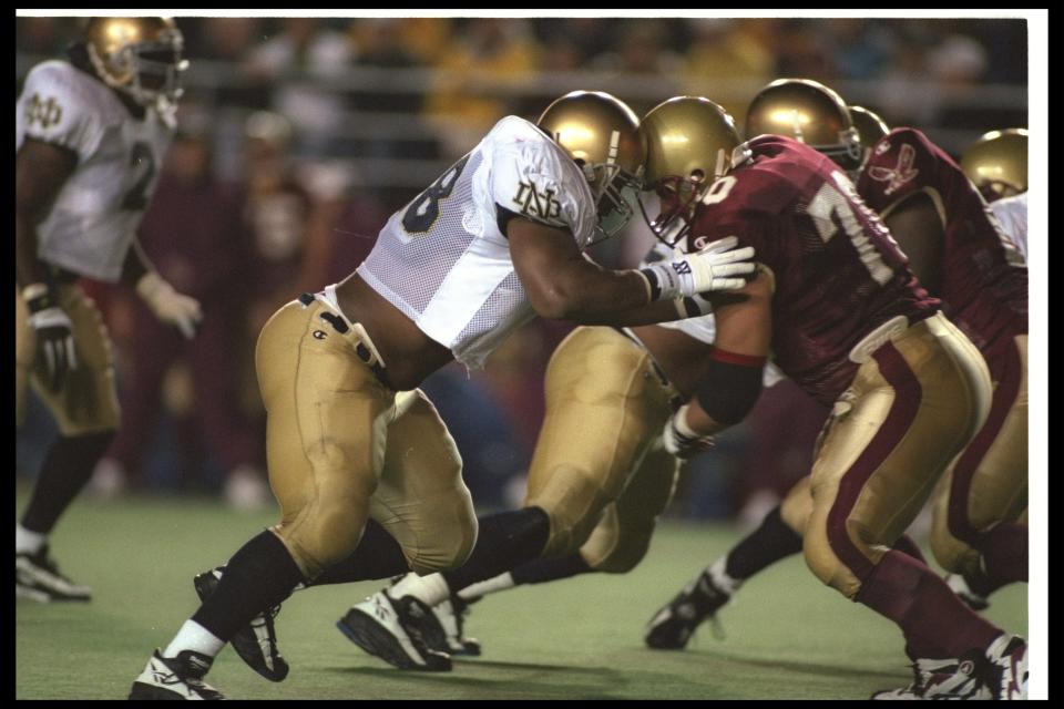 Notre Dame defensive lineman Renaldo Wynn (left, foreground) might have been one of the early inspirations for Brad Holmes' scouting careers. (Getty Images)