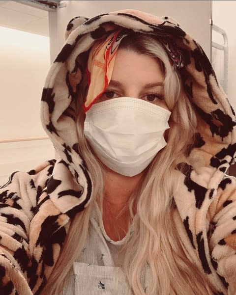 Jessica Simpson wears a face mask in her latest Instagram selfie after a week-long hospital stay for bronchitis. "Coughing with Birdie has been a crazy painful journey," Simpson writes about her constant health battles while pregnant with her third baby. "Baby girl was monitored and is doing amazing! I am on my way to healthy and counting down the days to see her sweet smile."