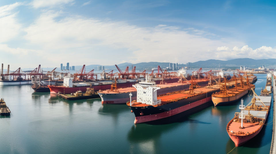 Oil tankers docked at the port, showing the scale of global fuel supply.