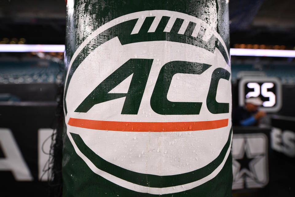 MIAMI, FLORIDA - OCTOBER 11: The ACC logo on the goal post prior to the game between the Miami Hurricanes and the Virginia Cavaliers at Hard Rock Stadium on October 11, 2019 in Miami, Florida. (Photo by Mark Brown/Getty Images)